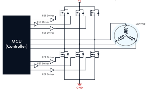 Circuit diagram of three-phase BLDC motor controller with Hall-effect sensors